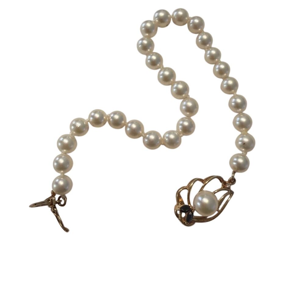 Vintage 14K Gold Pearl Bracelet Blue Gemstone Ornate Clasp 7" Fine Jewelry